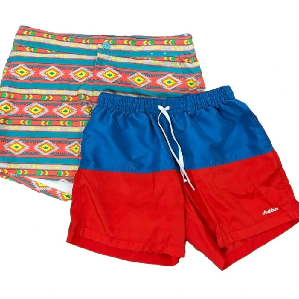 Chubbies Men’s Swim Trunks Bundle L – Red Blue Colorblock + Neon Tribal Print